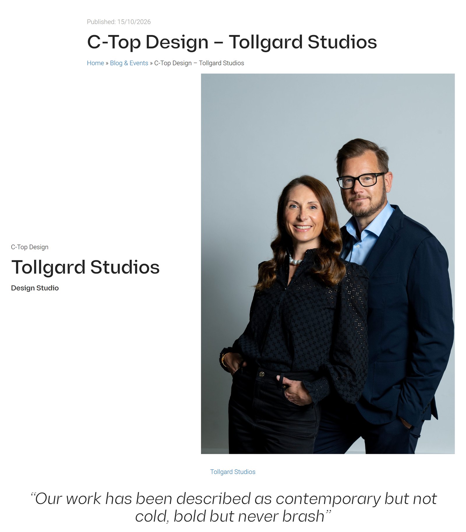 Cosentino C-Top Design feature on Tollgard Studio, with a portrait of Staffan and Monique Tollgård
