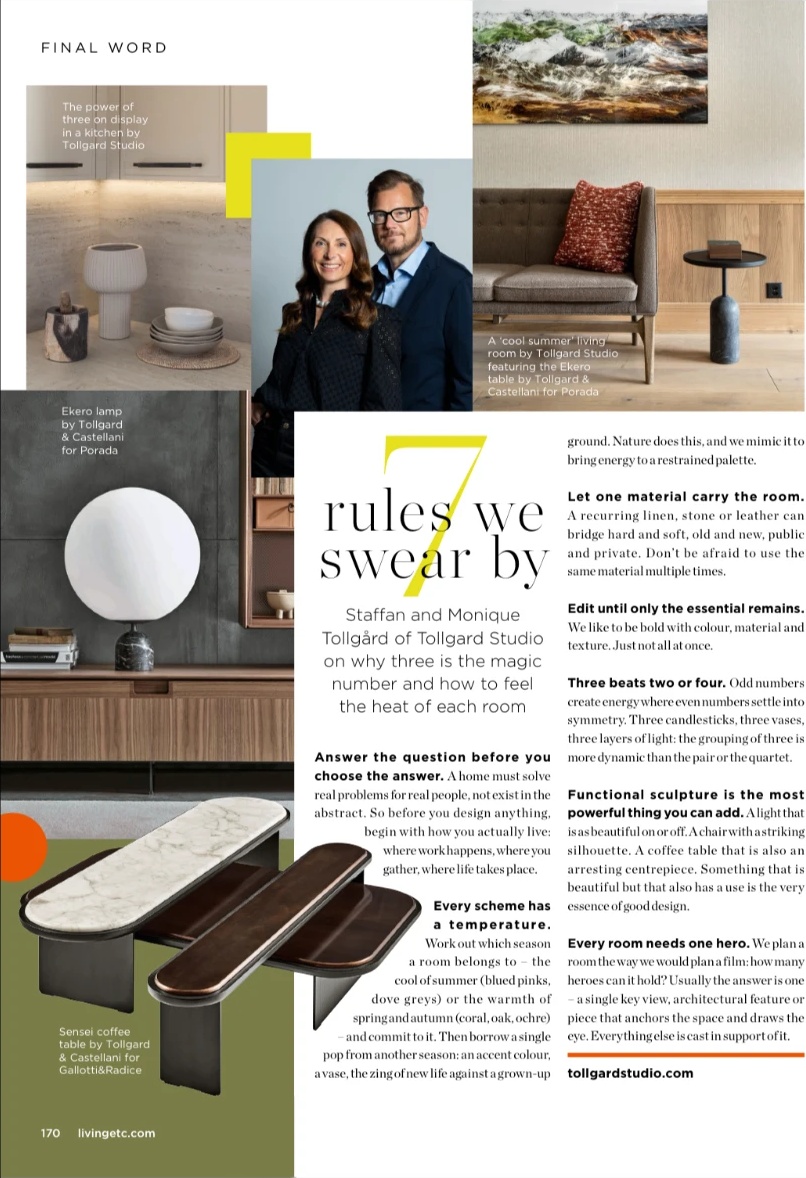 Livingetc October 2026 Final Word page: 7 rules we swear by, Staffan and Monique Tollgård of Tollgard Studio