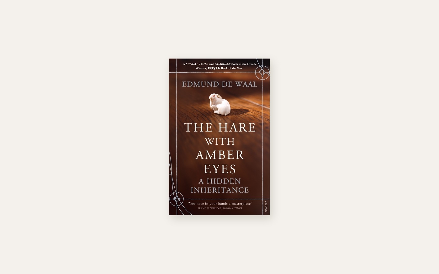 The cover of The Hare with Amber Eyes by Edmund de Waal, showing the ivory hare netsuke