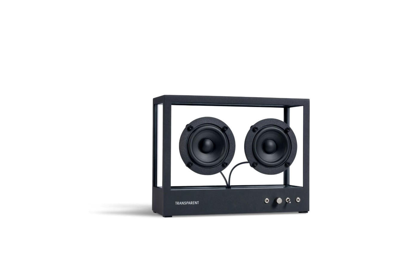 The Small Transparent Speaker in black, with its glass front showing the drivers and frame